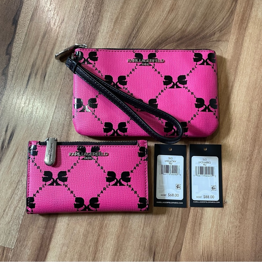 Karl Lagerfeld Hot Pink Monogram Wristlet & Zip Wallet Set- Black Bloom